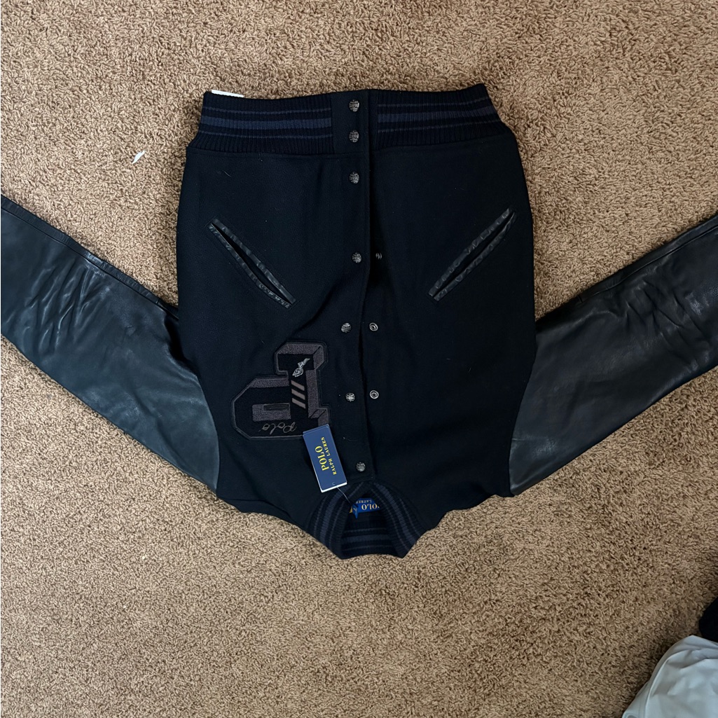 Polo Ralph Lauren Black Varsity Jacket With Leather Sleeves